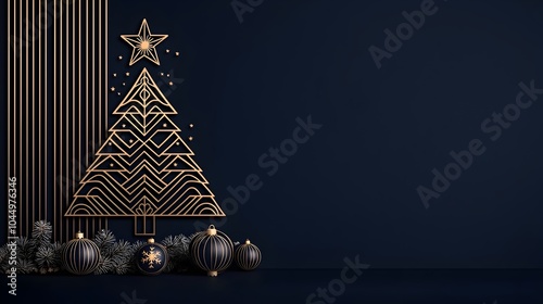 Elegant Art Deco Christmas Design with Line Art Christmas Tree Star and Bauble Ball on a Navy Blue Background Ideal for Luxurious Posters and Holiday Decor photo