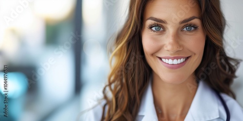 Free Download Smiling female doctor with blue eyes and wavy hair, exuding confidence and positivity in a bright, indoor setting. Copy Space - GFXLoad