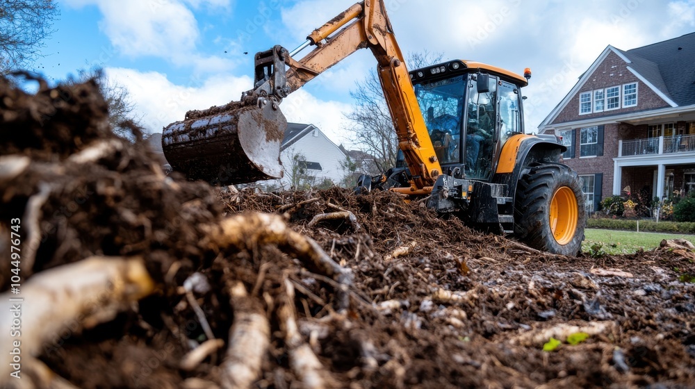 custom made wallpaper toronto digitalA backhoe loader is actively moving tree roots and soil near a house, demonstrating the process of clearing land for landscaping or construction purposes.