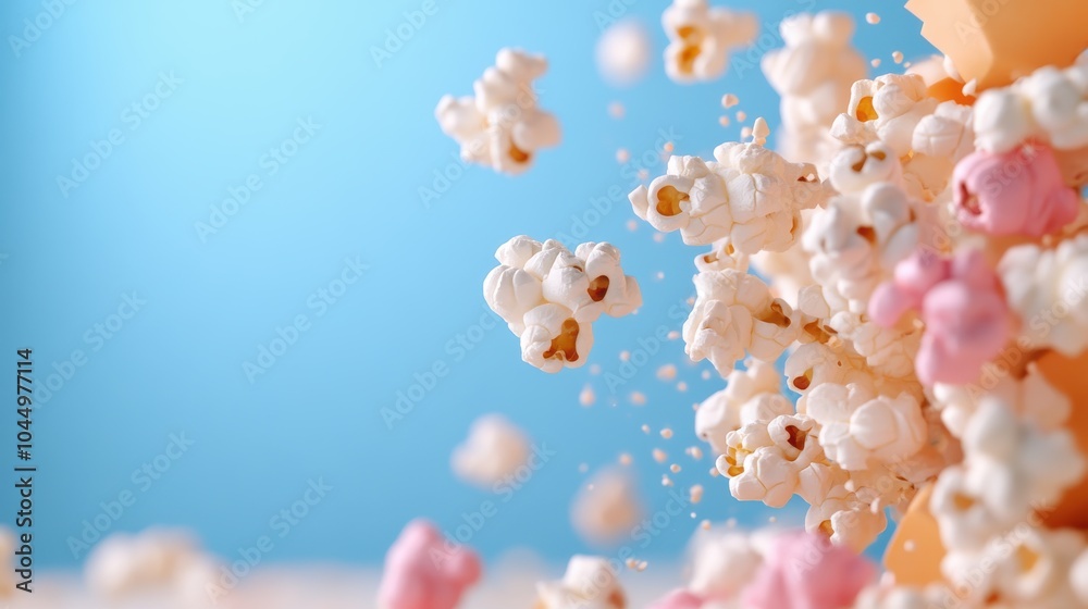 Dazzling popcorn kernels are captured mid-air against a soft pastel colored background, artfully displaying spontaneity and the joy of snacking. Dazzling popcorn kernels are captured mid-air against a soft pastel colored background, artfully displaying spontaneity and the joy of snacking.
