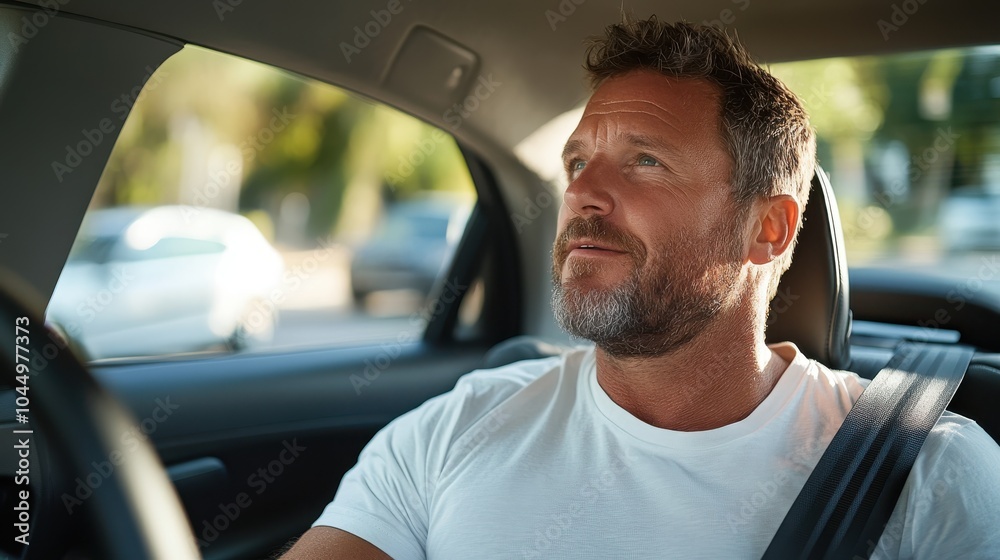 An image of a mature man driving a car with confidence, illustrating assurance and experience, as he navigates through the street in relaxed urban surroundings. An image of a mature man driving a car with confidence, illustrating assurance and experience, as he navigates through the street in relaxed urban surroundings.