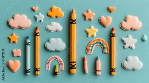 Vibrant and whimsical sticker pack featuring a collection of playful crayon shapes clouds stars hearts and rainbows designed to inspire creativity and delight in children s projects and activities photo