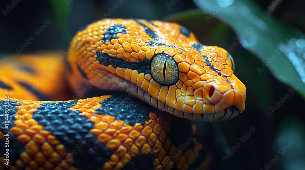 Close Up of a Yellow and Black Snake with Green Leaves in the Background Close Up of a Yellow and Black Snake with Green Leaves in the Background