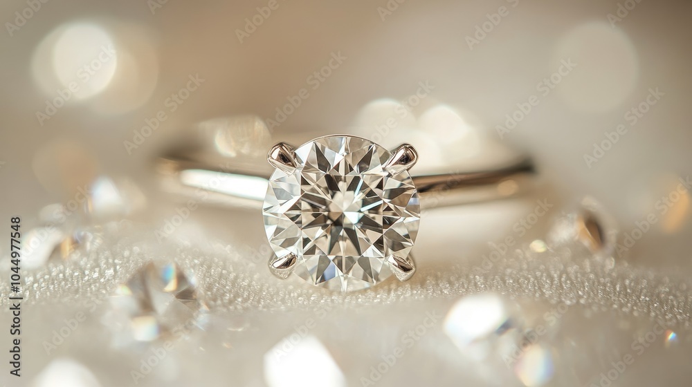 Fototapeta premium A macro image of a sparkling diamond ring, with light dancing off its facets, symbolizing luxury, refinement, and wealth