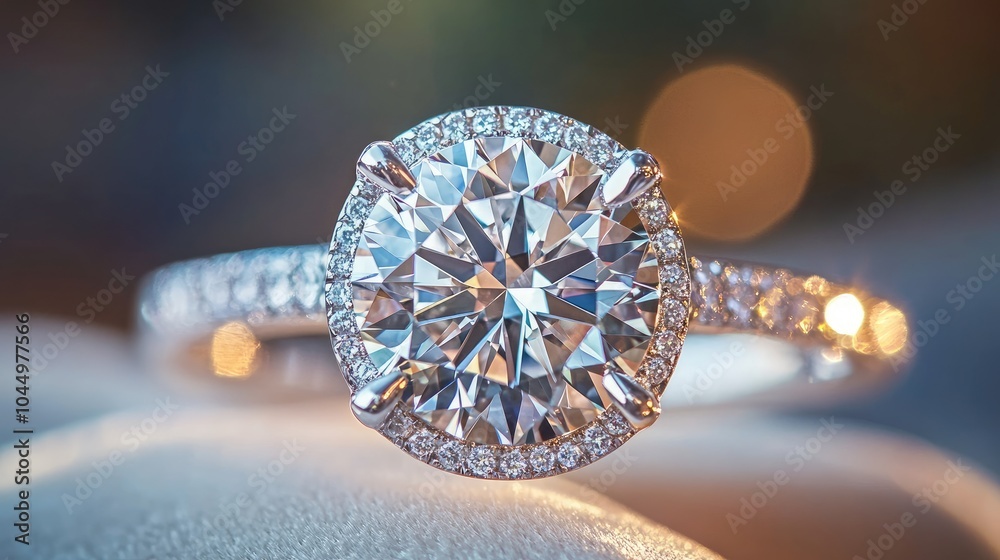 A macro image of a sparkling diamond ring, with light dancing off its facets, symbolizing luxury, refinement, and wealth A macro image of a sparkling diamond ring, with light dancing off its facets, symbolizing luxury, refinement, and wealth