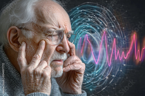 an elderly man with a pained expression, holding his ear while an ear diagram with sound waves is in the background