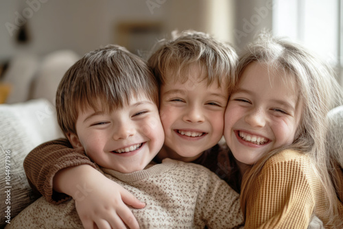 Group of happy children sitting together and laughing