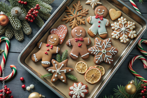 Homemade gingerbread Christmas cookies in icing sugar. Delicious gingerbread cookies. Gingerbread man, festive flatlay photo