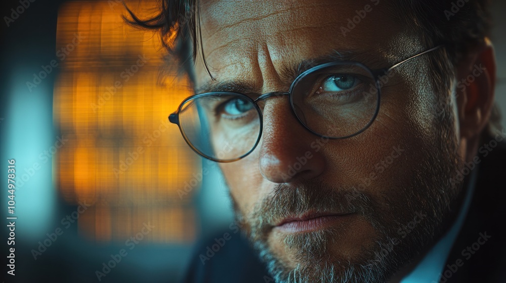 A serious-looking man with a beard and glasses stares directly at the camera. A serious-looking man with a beard and glasses stares directly at the camera.