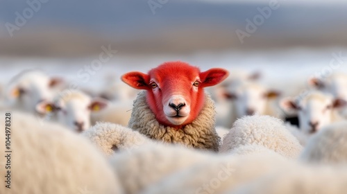 In a calm and peaceful field, a bold red-faced sheep stands out, showcasing themes of courage and self-expression in an otherwise uniform group. photo