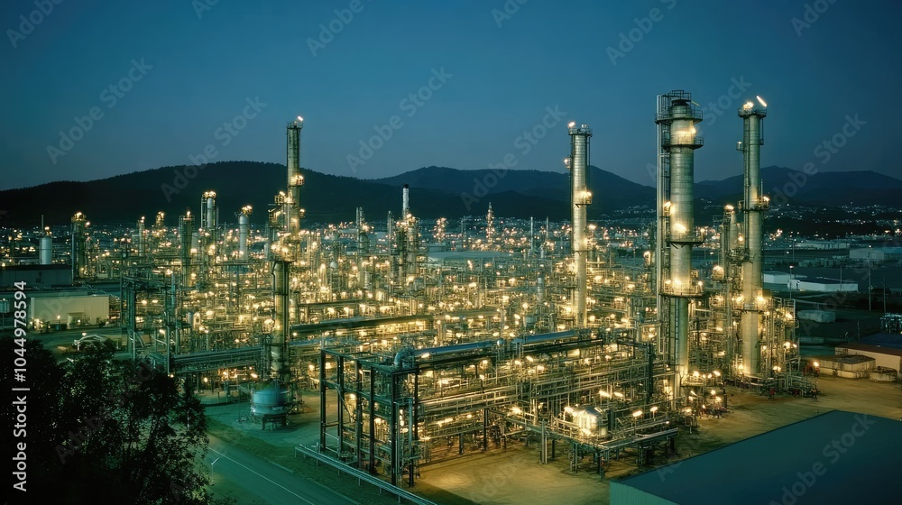 Fototapeta premium Industrial Night Scene with Illuminated Towers and Pipelines