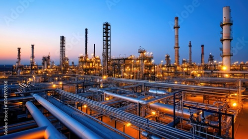 Industrial Landscape with Pipes and Towers at Dusk