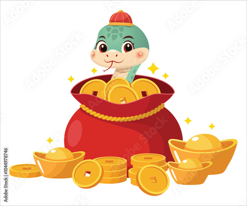 A cute cartoon snake wearing a traditional Chinese hat is peeking out of a red money bag filled with gold coins.