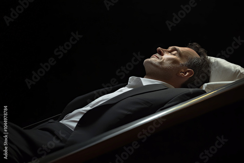 Man lying peacefully in a coffin, dressed in formal attire
 photo