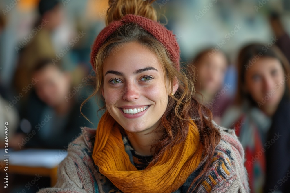 A young woman smiles warmly, wearing a cozy scarf and headband, in a softly blurred indoor setting. A young woman smiles warmly, wearing a cozy scarf and headband, in a softly blurred indoor setting.