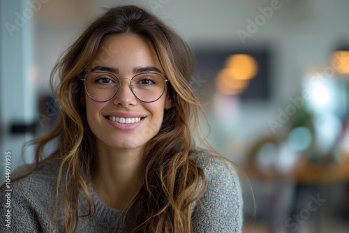 A woman with glasses smiles warmly indoors, styled in casual, cozy fashion.