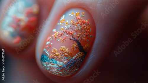 Vibrant Autumn Tree Nail Art Embroidered with Red, Yellow, and Blue Stitches on a Transparent Base photo