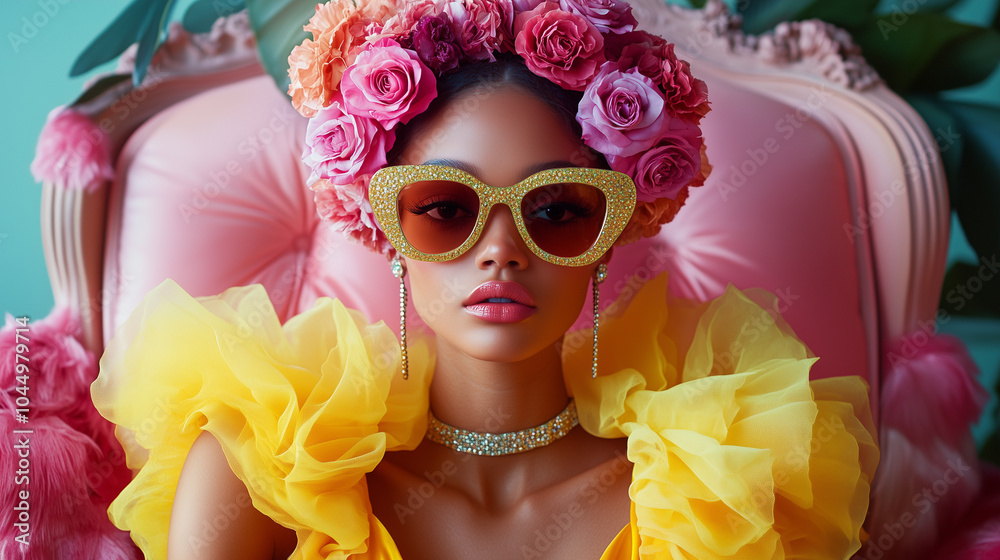 Fototapeta premium Colorful Floral Fashion Glamour Woman Portrait With Sunglasses