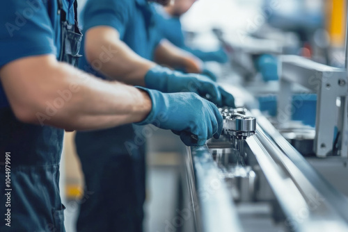 Close-up of factory workers wearing blue gloves assembling machinery parts
