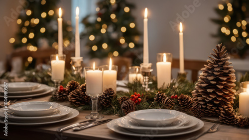 A beautifully set dining table with Christmas decorations, including candles, holiday-themed tableware, and a centerpiece of pinecones and holly. 