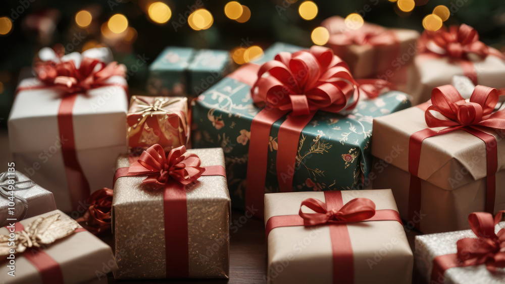 A close-up of a table with beautifully wrapped presents, festive wrapping paper, ribbons, and tags. A close-up of a table with beautifully wrapped presents, festive wrapping paper, ribbons, and tags.