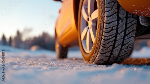 An orange car's tire cruises along an icy road at sunrise, with the low light highlighting the tire tread and snowy surface's sparkling textures. photo