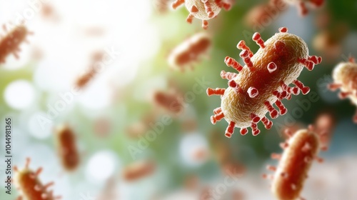 Microscopic view of rod-shaped bacteria with red spikes, showcasing the detailed texture and biological complexity, set against a softly blurred background. photo