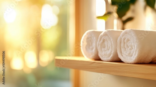 A trio of white towels neatly rolled and lined up on a wooden shelf, gently kissed by sunlight streaming in, symbolizing freshness and a new beginning. photo