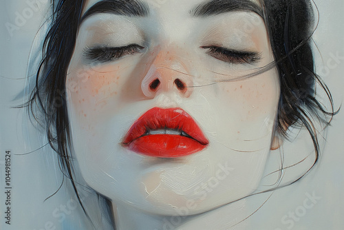 Close-up painted portrait with red lips and closed eyes. Emotion and beauty in expressive brushwork. photo