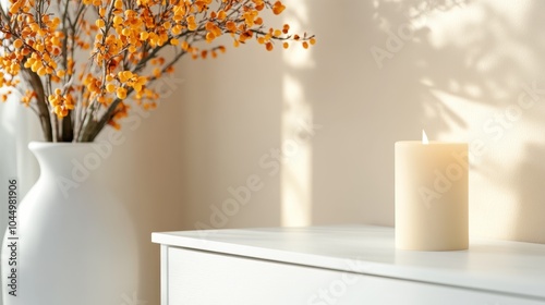 A minimalist interior scene featuring a lit candle on a light-colored surface, accompanied by autumnal decor, casting warm shadows in the soft, ambient light. photo