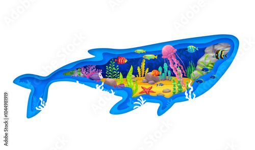 Paper cut sea whale silhouette with underwater landscape of ocean coral reef, vector banner. Undersea animals, jellyfish with starfish and tropical fishes shoal in paper cut silhouette of big whale