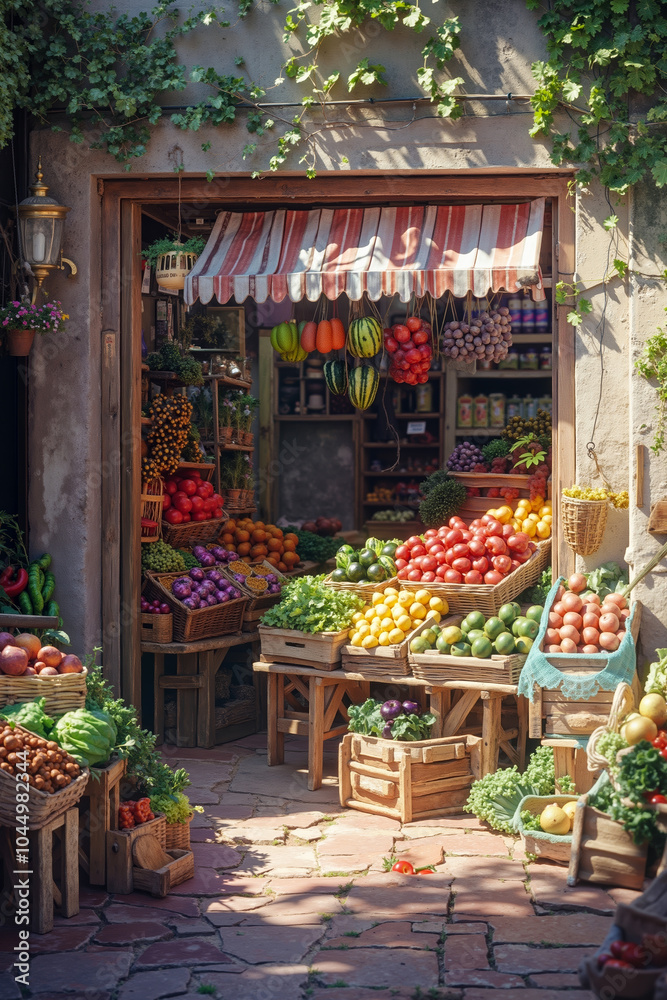 A fruit and vegetable stand in front of a store with baskets of fruit and vegetables A fruit and vegetable stand in front of a store with baskets of fruit and vegetables