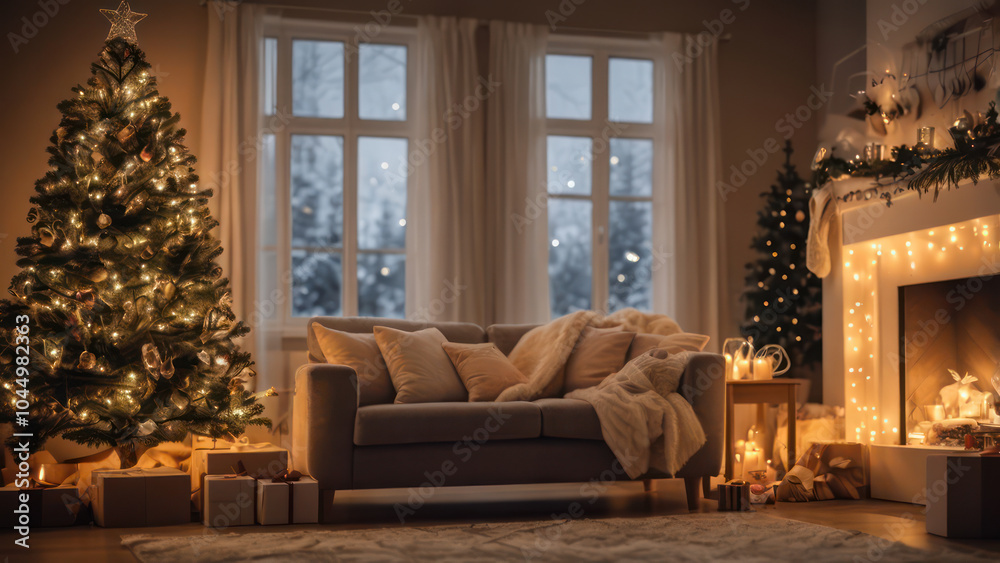 A beautifully decorated living room with a Christmas tree, stockings on the fireplace, and presents under the tree. Warm lighting and cozy atmosphere with twinkling fairy lights A beautifully decorated living room with a Christmas tree, stockings on the fireplace, and presents under the tree. Warm lighting and cozy atmosphere with twinkling fairy lights