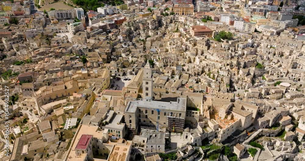 Cattedrale di Maria Santissima della Bruna In Compacted Old Town Of Matera In Basilicata, Italy. Aerial Shot