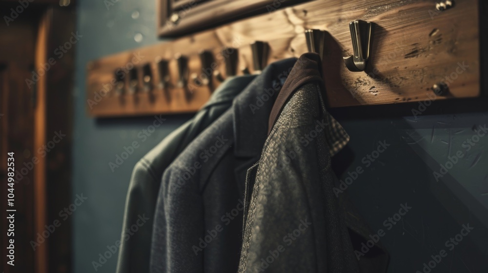 A coat rack with a few jackets hanging on it. A coat rack with a few jackets hanging on it.