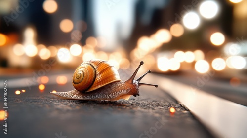 A small snail with a spiral shell inches along an illuminated street at night, surrounded by the bustling essence of city life and warmth of bright lights.