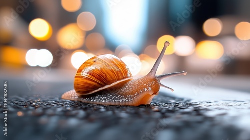 A snail showcasing its characteristically slow movement along a bustling city street, enveloped by streaks of luminous lights conveying a hub of lively activity. photo