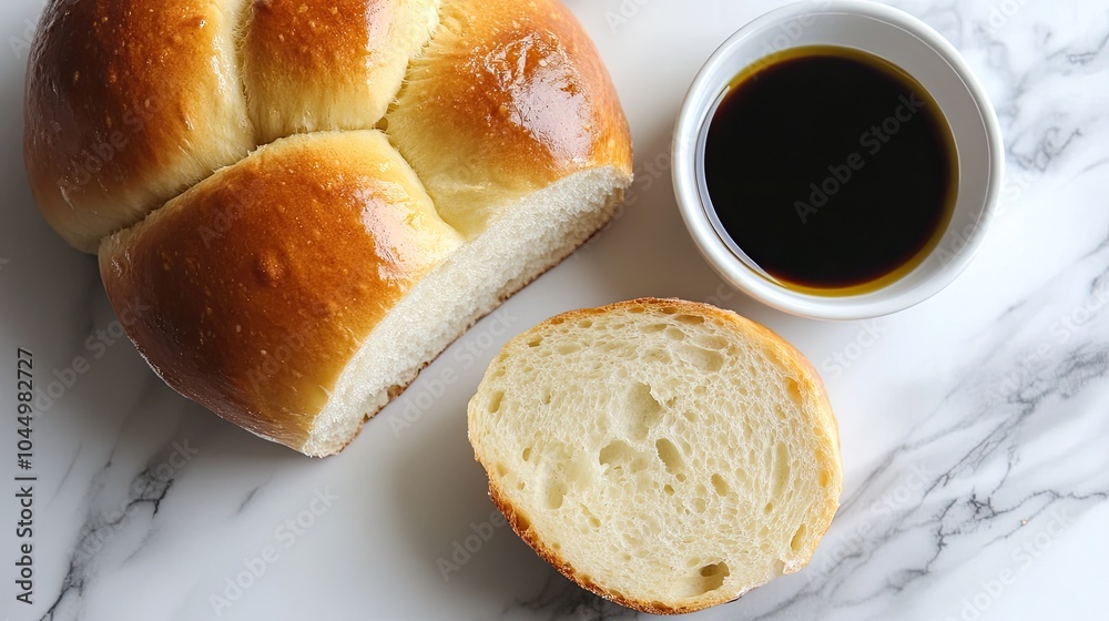 Freshly Baked Bread and Olive Oil on Marble Surface Freshly Baked Bread and Olive Oil on Marble Surface