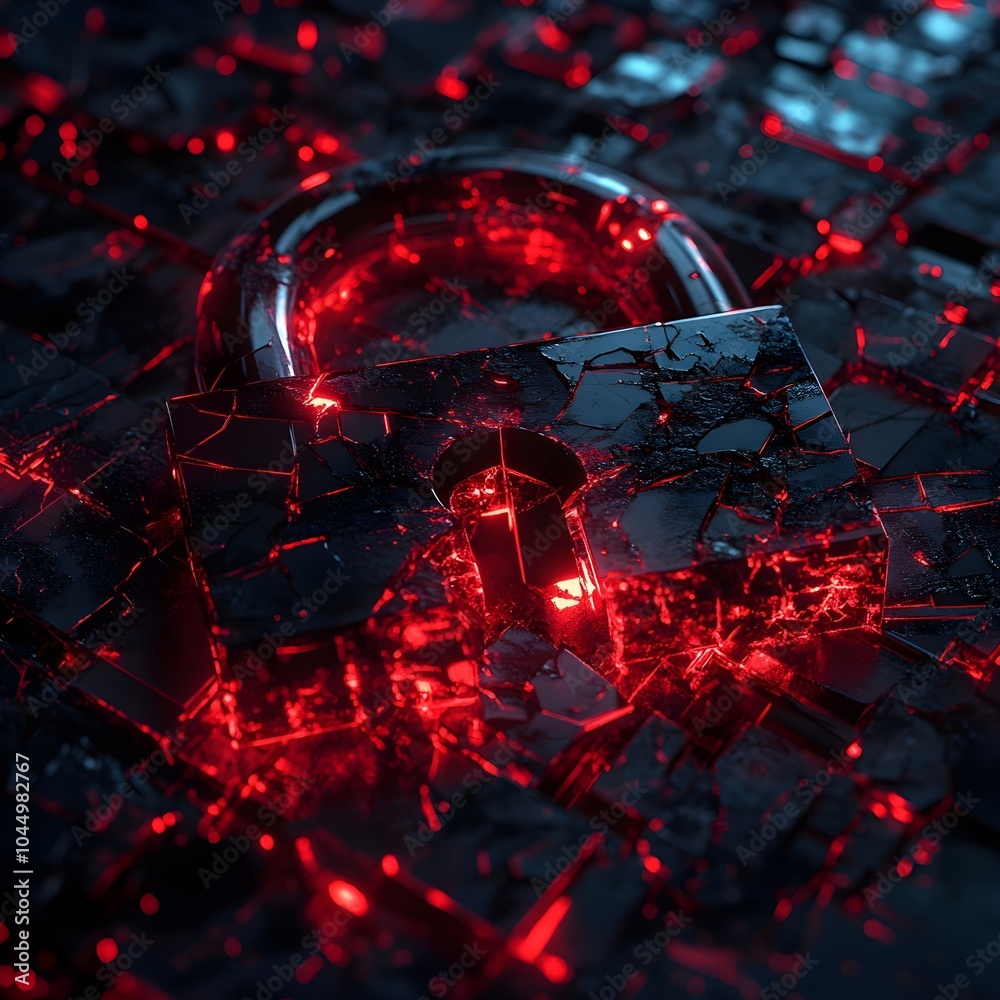 Broken padlock with shattered pieces flying, symbolizing an email security breach, dark background, glowing red highlights, cyber threat emphasis Broken padlock with shattered pieces flying, symbolizing an email security breach, dark background, glowing red highlights, cyber threat emphasis