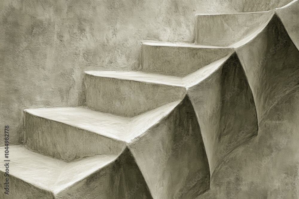 A close-up of a concrete staircase with an interesting design, showcasing intricate details and shadows. A close-up of a concrete staircase with an interesting design, showcasing intricate details and shadows.