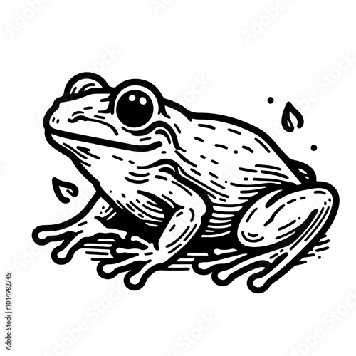 frog as a logo icon one line art outline cartoon black and white illustration, coloring page, white transparent background