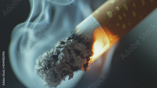 Detailed shot of a cigarette’s glowing tip, ashes hanging off, with smoke rising into the frame photo