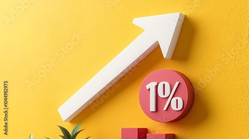 3D rendering of a white downward pointing arrow with a percent sign on a vibrant yellow background representing falling interest rates and mortgages in the finance and investment sector photo