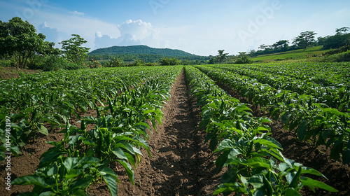 Organic chili pepper farm with rows of plants