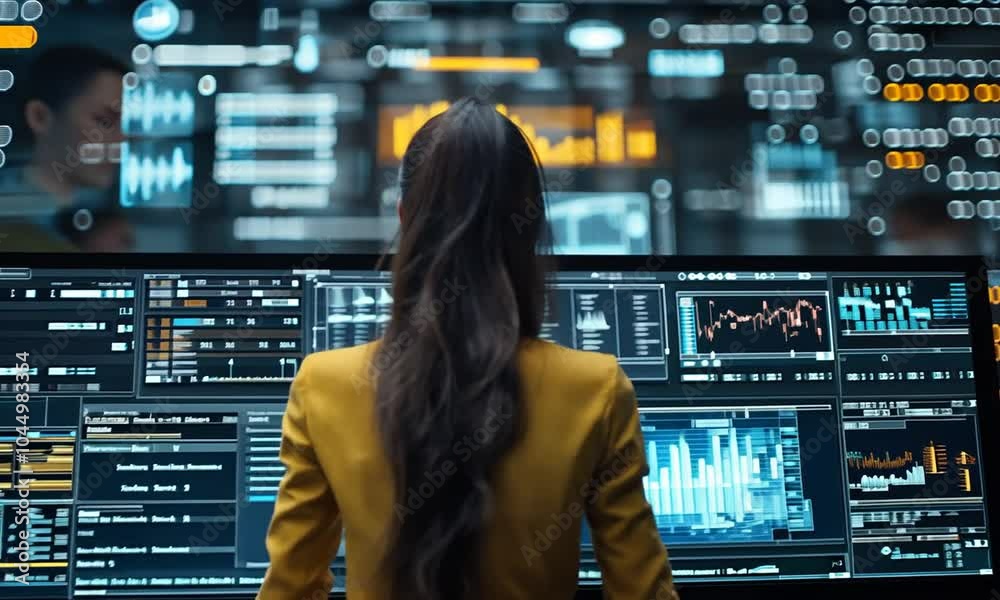 Woman working at multiple computer screens in a tech environment. Woman working at multiple computer screens in a tech environment.