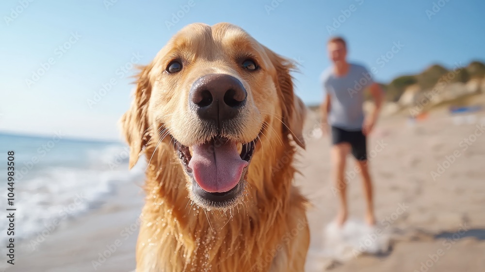 A cheerful golden retriever bounds along the sandy beach with a person running behind, capturing the essence of shared joy and companionship on a sunny day.
