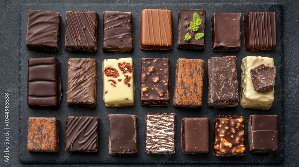 Assorted Chocolate Confectionery on Slate Surface Assorted Chocolate Confectionery on Slate Surface