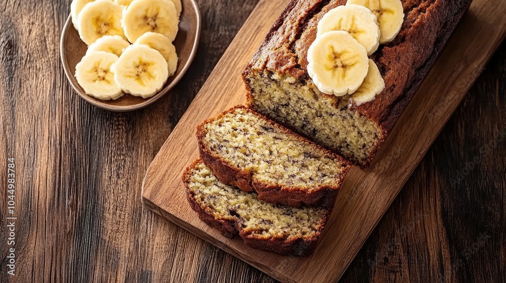 Freshly Baked Banana Bread with Sliced Bananas Freshly Baked Banana Bread with Sliced Bananas