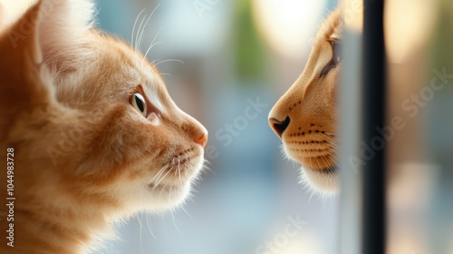 A serene cat gazes at its mirror reflection, creating a moment of introspection and calm. The image captures a peaceful, tranquil atmosphere with soft focus. photo