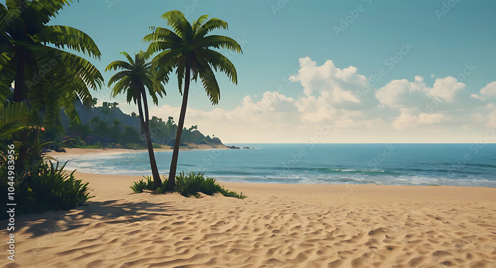 Obraz premium Pixelated 8-bit style tropical beach background with palm trees, sandy shores, and rolling waves for a platformer game.